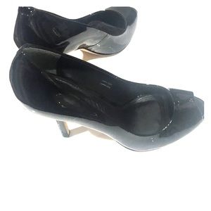 BLACK PATENT OPEN TOE STILETTO HEEL PUMP